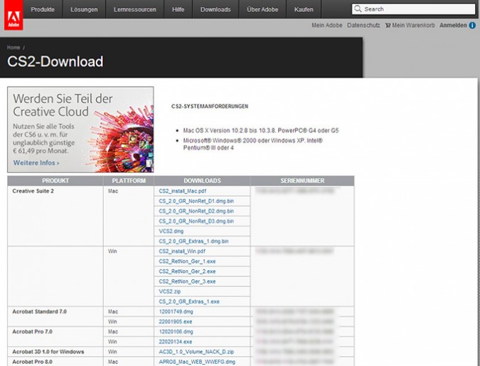Adobe CS2 Downloadseite