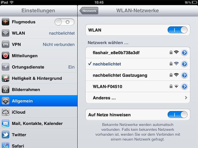 Die Karte als WLAN-Gerät unter iOS