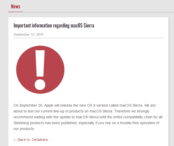 Warnung auf der Steinberg-Website